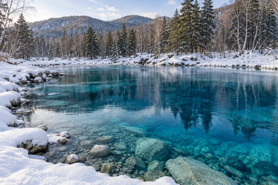 Бирюзовая вода среди заснеженных берегов и сосен — AI-иллюстрация, не фотография Голубых озёр