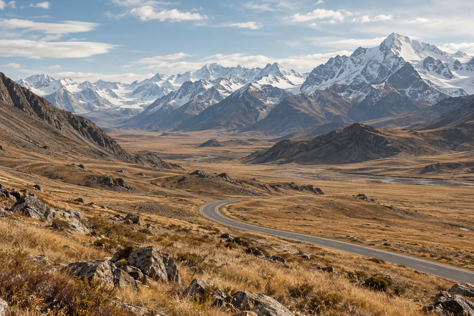 Высокогорная долина по мотивам Чуйского тракта — AI-иллюстрация.