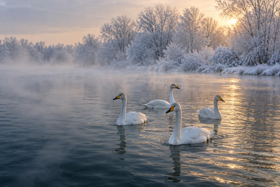Лебеди-кликуны на зимней воде среди инея — AI-иллюстрация, не фото озера Светлого